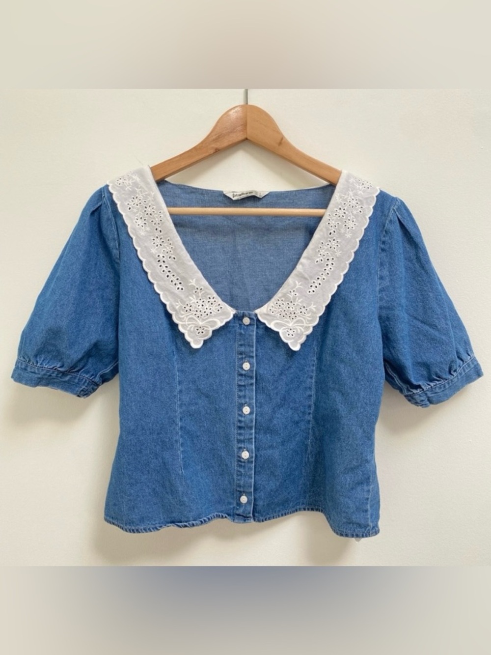 Stradivarius Blue Denim Button-Front Top with White Eyelet Collar